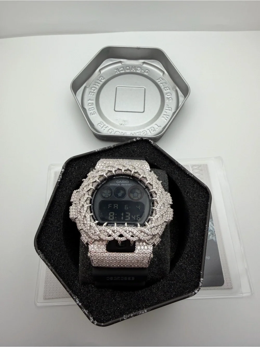 G-Shock Black Digital Watch with Silver Moissanite VVS Pavé Bezel